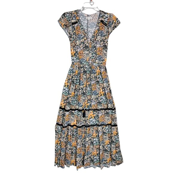 American Eagle Bohemian Dress Size XS Floral Maxi Length Short Sleeve Pullover - Picture 3 of 8